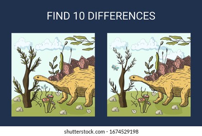 Find 10 differences. Educational funny game for children. Dino puzzle for children, kid. Print and play. Cartoon stegosaurus dinosaur vector illustration.
