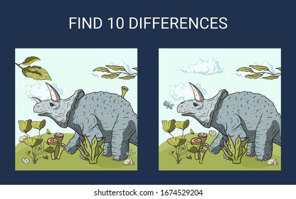 Find 10 differences. Educational funny game for children. Dino puzzle for children, kid. Print and play. Cartoon triceratops dinosaur vector illustration.