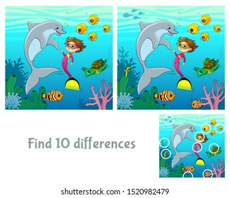 Find 10 differences. Educational game for children. Cartoon vector illustration. Girl in monofin swims with a dolphin underwater.