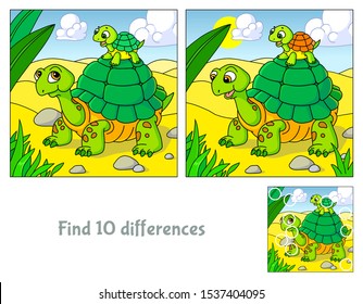 Find 10 differences. Educational game for children. Cartoon vector illustration of turtles.