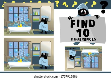 Find 10 differences. Educational game for children. Cartoon vector illustration. Happy cute little monster in blue towel, bathing cap is going to swim. In the bath floats a yellow duck and soap bubble