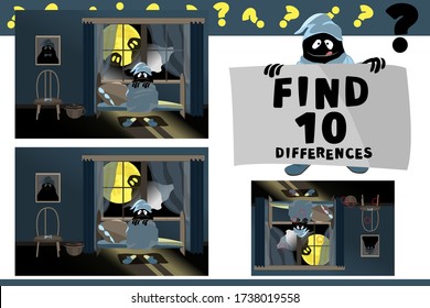 Find 10 differences. Educational game for children. Cartoon vector illustration. Cute little monster sitting on the bed and afraid. Two ghosts look at him from the window on the background of a moon. 