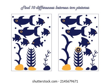Find 10 differences. Educational game for children. Underwater sea world. Cartoon vector illustration.