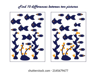 Find 10 differences. Educational game for children. Underwater sea world. Cartoon vector illustration.
