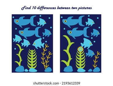 Find 10 Differences. Educational Game For Children. Fish And Plants. Underwater Sea World. Cartoon Vector Illustration.