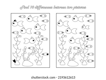 Find 10 Differences. Educational Game For Children. Coloring Book Page. Underwater Sea World. Cartoon Vector Illustration.