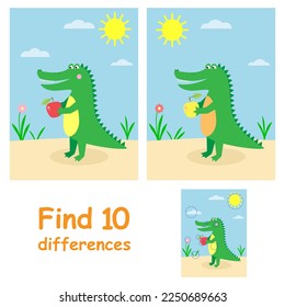 Find 10 differences. Educational game for kids. Cheerful alligator.