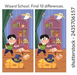 Find 10 differences. Educational puzzle game for children. Cute boy witch with magic wand in wizard school. Interior with objects, spiders and monsters, castle with old furniture. Vector illustration