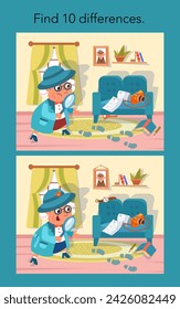 Encuentra 10 diferencias. Juego de rompecabezas educativo para niños. Сabuela de dibujos animados con lupa. Ilustración de color vectorial. Detective e investigación.