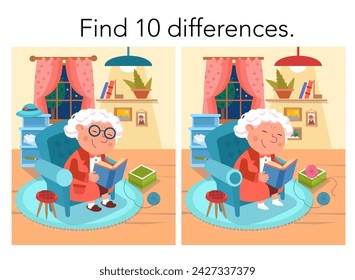 Find 10 differences. Educational puzzle game for children. Сute cartoon grandma with book. Vector color illustration. Detective and investigation