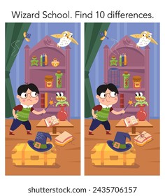 Find 10 differences. Educational puzzle game for children. Cute boy witch with magic wand in wizard school. Interior with objects, spiders and monsters, castle with old furniture. Vector illustration