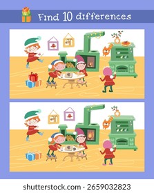 Find 10 differences. Elves are preparing for Christmas. Puzzle for kids. Children game scene for design. Vector illustration.
