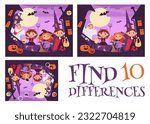 Find 10 Differences. Fascinating game for kids. Halloween holiday. Children in costumes. Worksheet with correct answer. Brainteaser task. Logic quiz page. Trick or treat