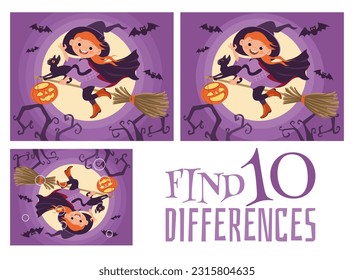 Find 10 differences. Fascinating witch on broomstick. Educational game for kids. Worksheet with correct answer. Brainteaser task. Logic quiz. Halloween sorceress with