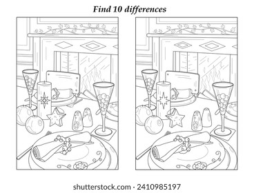 Find 10 differences. Festive interior. Dishes on the table. Coloring.