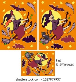 Find 10 differences with funny young witch, flying on broom, with bat and ghosts. Education game for Children.