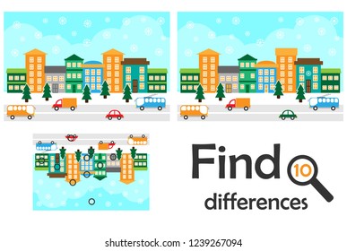 Find 10 differences, game for children, christmas snowy city in cartoon style, education game for kids, preschool worksheet activity, task for the development of logical thinking, vector