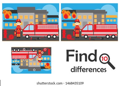Find 10 differences, game for children, fire and fireman cartoon style, education game for kids, preschool worksheet activity, task for the development of logical thinking, vector illustration