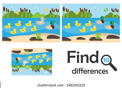 Find 10 differences, game for children, pond with ducks cartoon, education game for kids, preschool worksheet activity, task for the development of logical thinking, vector illustration