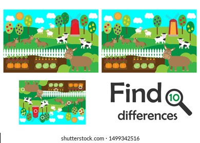 Find 10 differences, game for children, farm animals and garden cartoon, education game for kids, preschool worksheet activity, task for the development of logical thinking, vector illustration