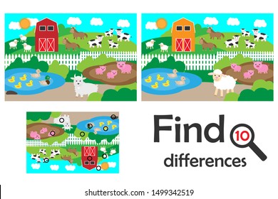 Find 10 differences, game for children, farm with animals cartoon, education game for kids, preschool worksheet activity, task for the development of logical thinking, vector illustration