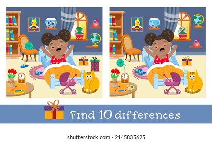 Find 10 differences. Game for children. Cute little girl wakes up. Hand drawn full color illustration. Vector flat cartoon picture.