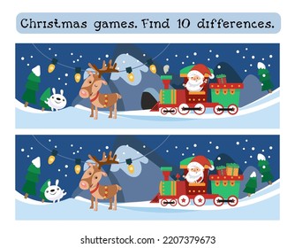 Finden Sie 10 Unterschiede. Spiel für Kinder. Cute Santa Claus fährt mit Geschenken an Heiligabend mit dem Zug. Hirsch und Hasen spielen im Wald. Vektorgrafik.