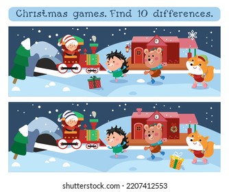 Find 10 differences. Game for children. Сute elf rides train on Christmas Eve. Animals in winter forest. Vector illustration.