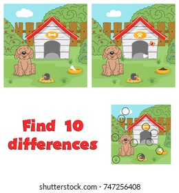 Find 10 differences game for children. Puppy near his house. 