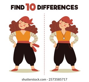 Find 10 differences game for kids. Funny pirate. Educational game for children. Vector flat illustration.