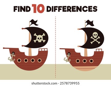 Find 10 differences game for kids. Pirate ship. Educational game for children. Vector flat illustration.