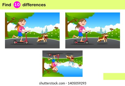  Find 10 differences. The girl walks in the park with a pet dog. Educational game for children. Cartoon vector illustration. 