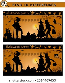 Encuentra 10 diferencias. Fiesta de Halloween, siluetas de niños con objetos de halloween. Juego lógico para niños. Ilustración vectorial.