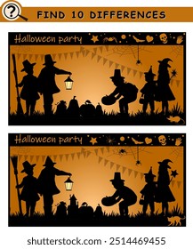 Encuentra 10 diferencias. Fiesta de Halloween, siluetas de niños con objetos de halloween. Juego lógico para niños. Ilustración vectorial.