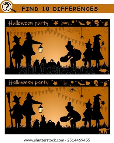 Find 10 differences. Halloween party, children silhouettes with halloween objects. Logical game for children. Vector illustration.