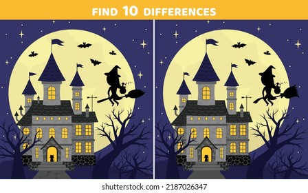 Find 10 differences. Halloween scary castle. Full moon, night, bat, witch. Halloween game for kids. Isolated vector illustration eps 10