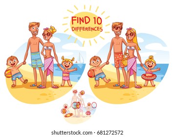 Find The 10 Differences. Happy Family On Vacation. Summer Recreation. Funny Cartoon Character. Vector Illustration. Isolated On White Background