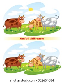 Find 10 differences. A herd of cows grazing in the meadow. Funny cartoon character. Vector illustration. Isolated on white background