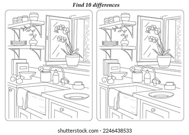 Find 10 differences. Household items in the interior of the kitchen. Black and white illustration. Coloring.