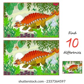 Find 10 differences. Illustration of a ankylosaurus in prehistoric jungle. Logic puzzle game for children and adults. Page for kids brain teaser book. Developing to counting skills. Vector drawing.