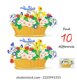 Encuentra 10 diferencias. Ilustración de una cesta con flores de primavera. Juego de rompecabezas lógico para niños y adultos. Página para niños libro teaser de cerebro. Desarrollando para contar habilidades. Dibujo de vectores.