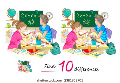 Find 10 differences. Illustration of boy and girl studying at school. Logic puzzle game for children and adults. Page for kids brain teaser book. Task for attentiveness. Flat vector cartoon drawing.