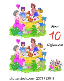 Find 10 differences. Illustration of boys and girls celebrating a birthday. Logic puzzle game for children and adults. Page for kids brain teaser book. Task for attentiveness. Vector cartoon drawing.