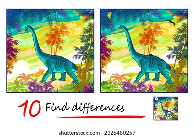 Find 10 differences. Illustration of a brontosaurus in prehistoric jungle. Logic puzzle game for children and adults. Page for kids brain teaser book. Developing to counting skills. Vector drawing.