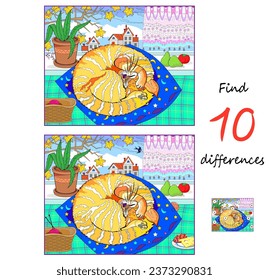 Find 10 differences. Illustration of cat sleeping near window. Logic puzzle game for children and adults. Page for kids brain teaser book. Task for attentiveness. Vector cartoon drawing.