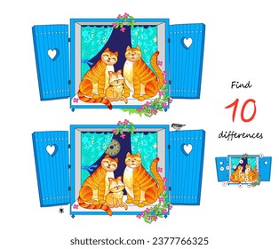 Find 10 differences. Illustration of a cat family sitting on a window. Logic puzzle game for children and adults. Page for kids brain teaser book. Task for attentiveness. Vector cartoon drawing.