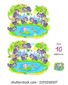 Find 10 differences. Illustration of cute kittens fishing. Logic puzzle game for children and adults. Page for kids brain teaser book. Developing counting skills. Vector drawing.