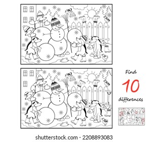 Find 10 differences. Illustration of cute badgers playing in winter with snowman. Logic puzzle game for children and adults. Page for kids brain teaser book. Developing counting skills. Vector drawing