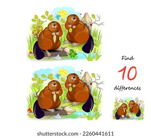 Find 10 differences. Illustration of cute beavers in the swamp. Logic puzzle game for children and adults. Page for kids brain teaser book. Developing counting skills. Vector drawing.