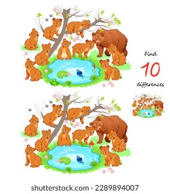 Find 10 differences. Illustration of cute bears family near forest lake. Logic puzzle game for children and adults. Page for kids brain teaser book. Developing counting skills. Vector drawing.